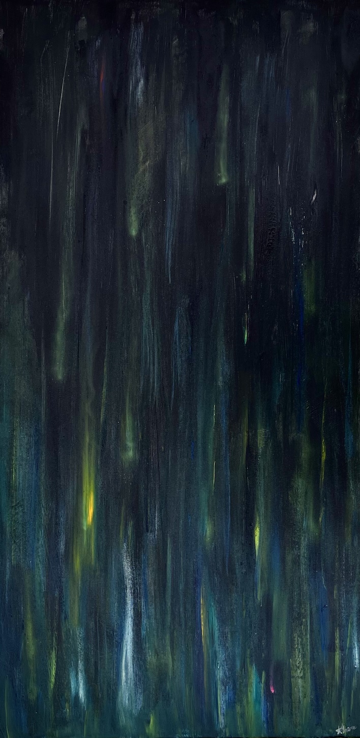 A painting. Vertical streaks of yellow, blue, and emerald green against a black background.
