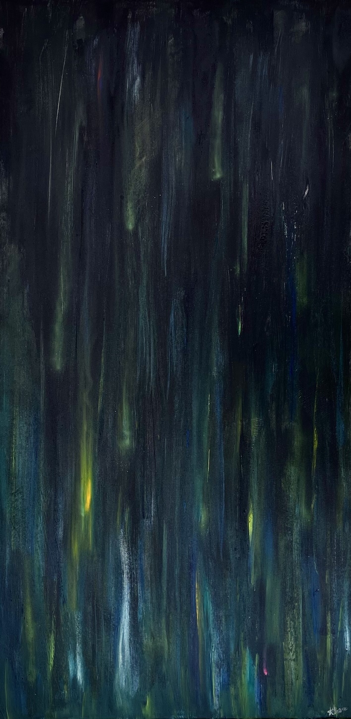 A painting. Vertical streaks of yellow, blue, and emerald green against a black background.