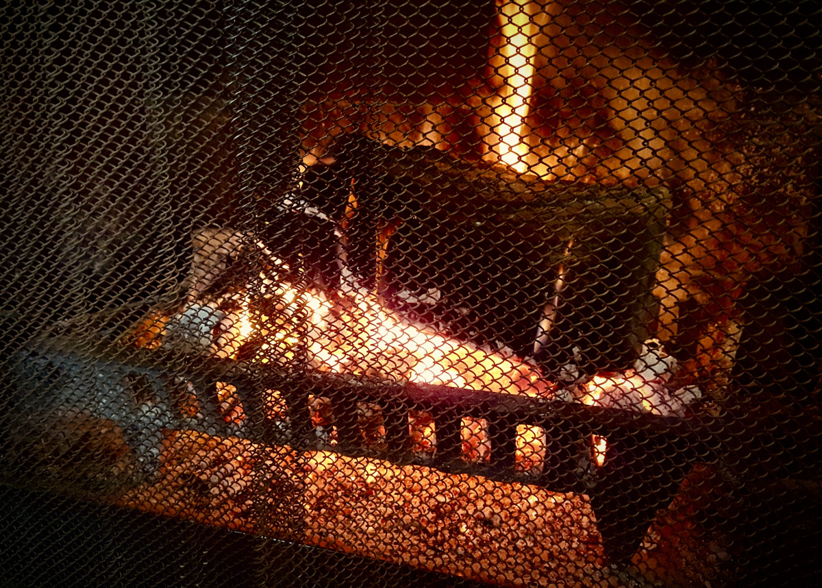 Fire burning in a hearth.