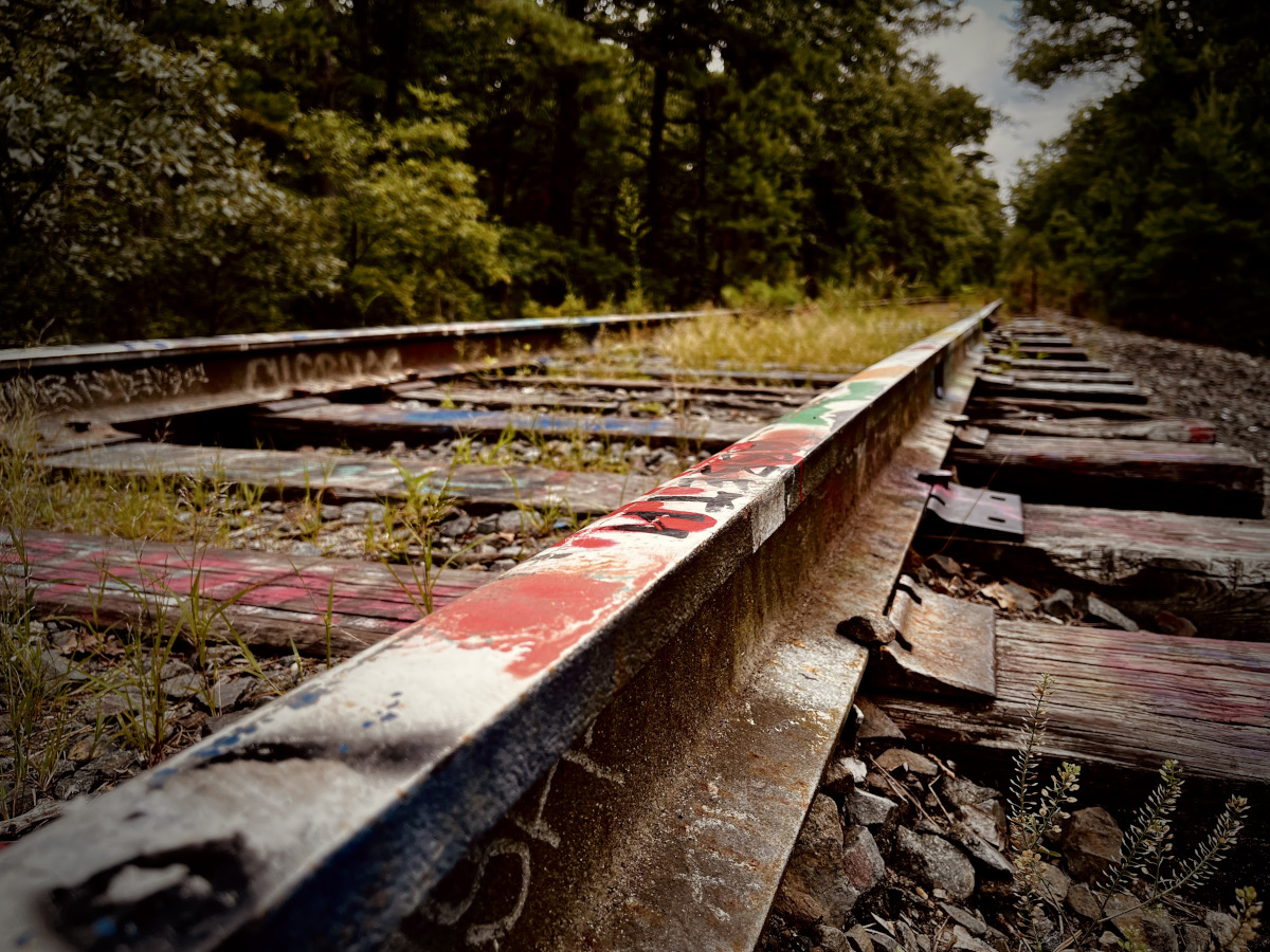 Railroad tracks covered in graffiti.